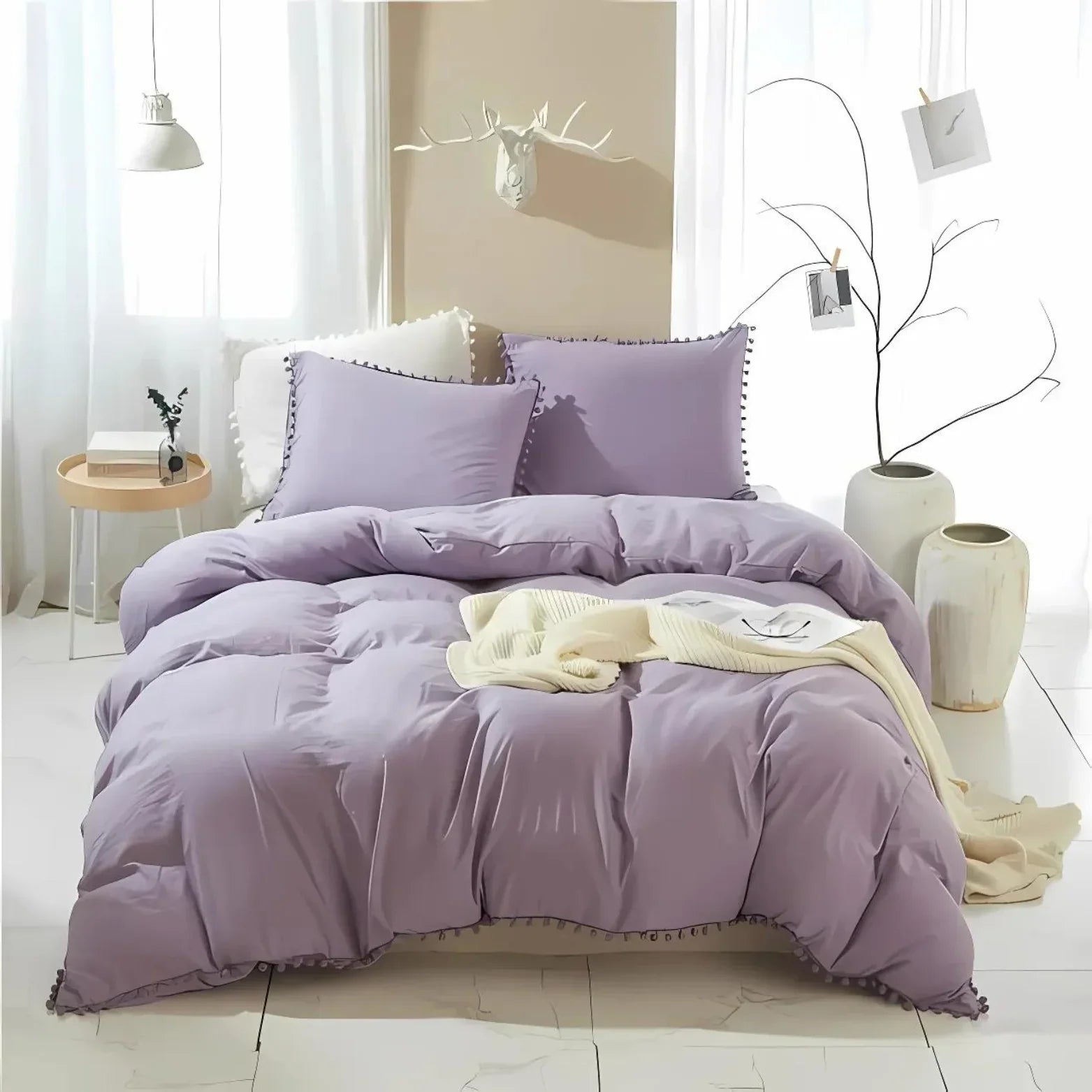 Minimalist Nordic Pom-Pom Bedding Set Quilt