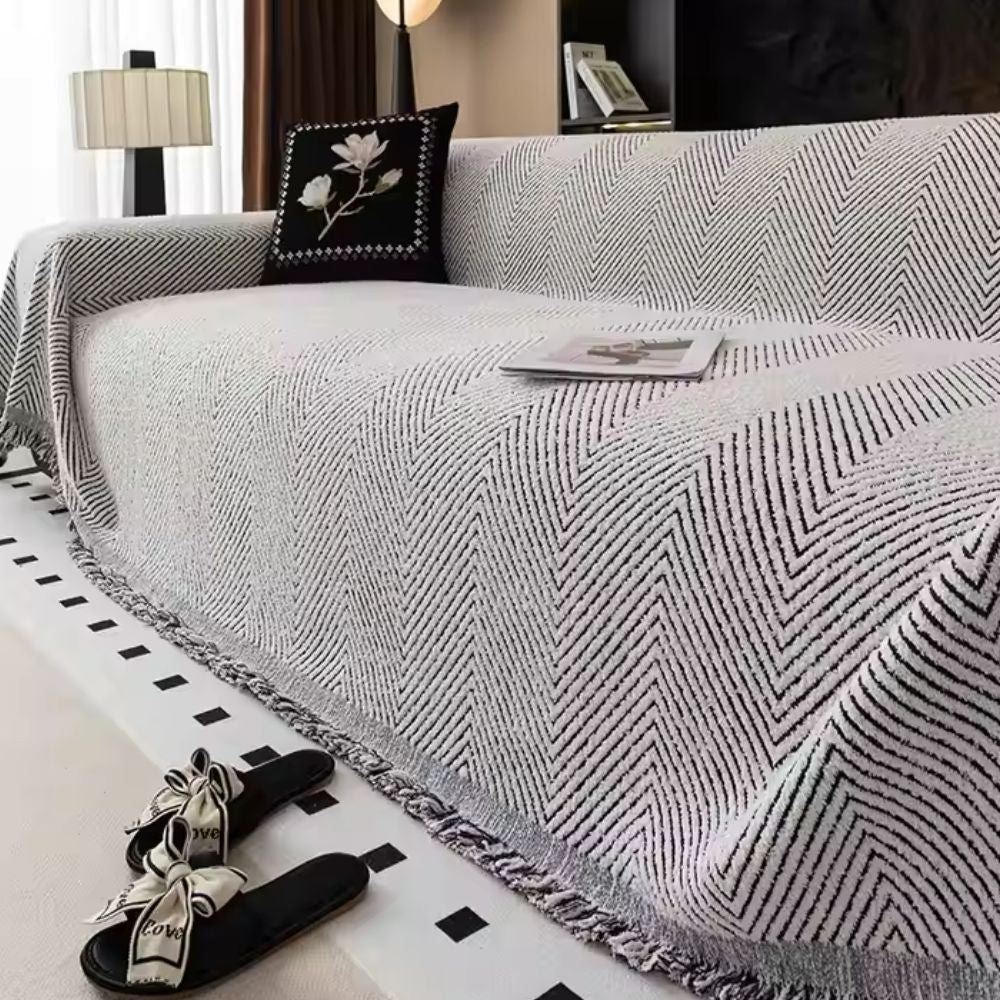 Protective striped herringbone sofa cover for home