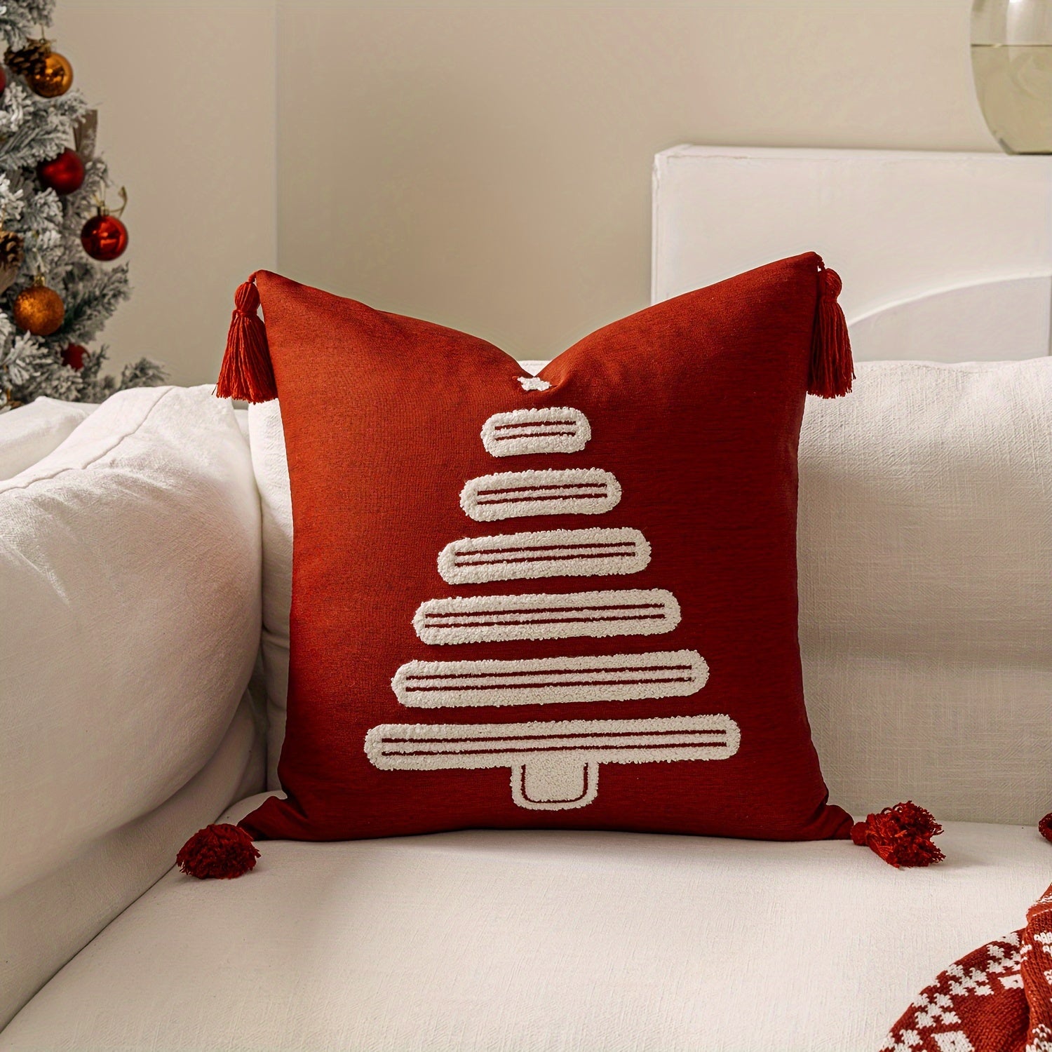 Poszewka na Poduszkę Świąteczną Haftowana Choinka i Dzwonki