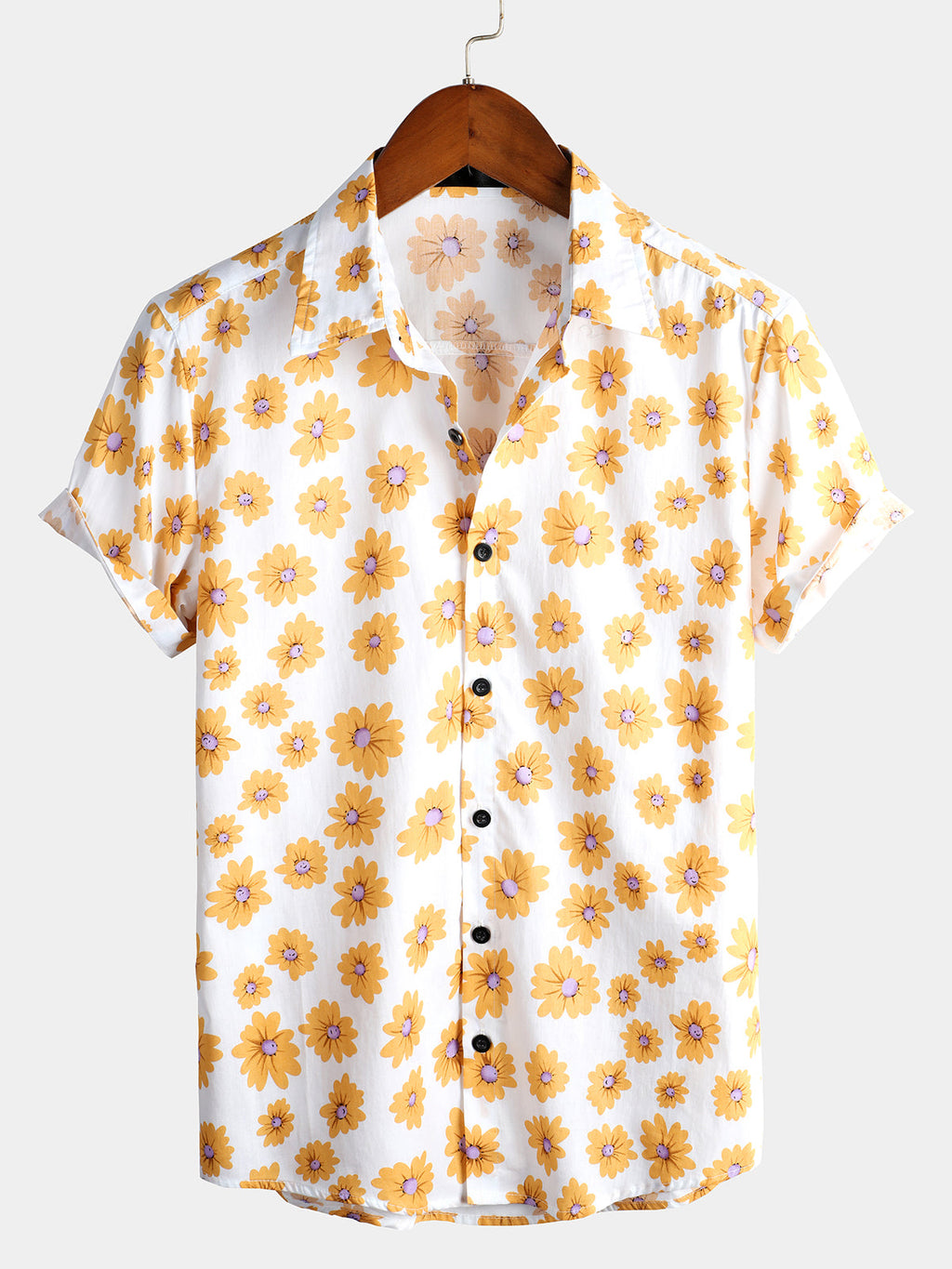 Camicia da vacanza da uomo blu con motivo floreale e bottoni