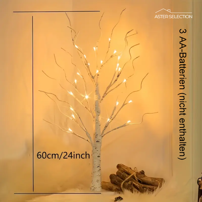 Set of decorative LED table lamps shaped like birch trees with warm light