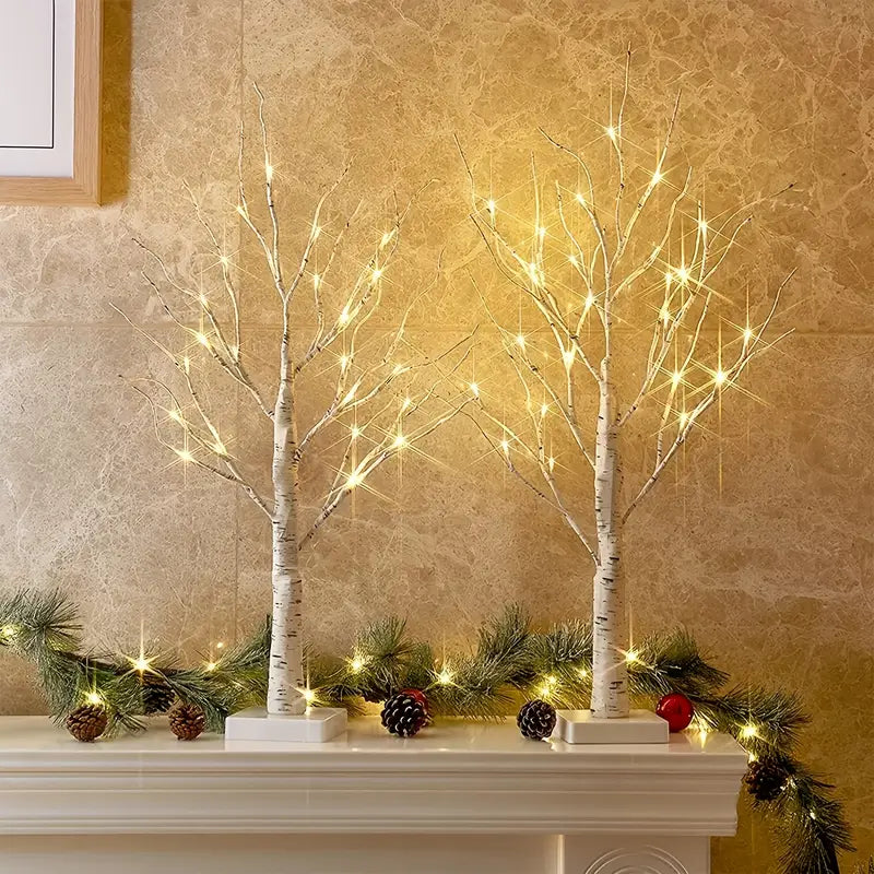 Set of decorative LED table lamps shaped like birch trees with warm light
