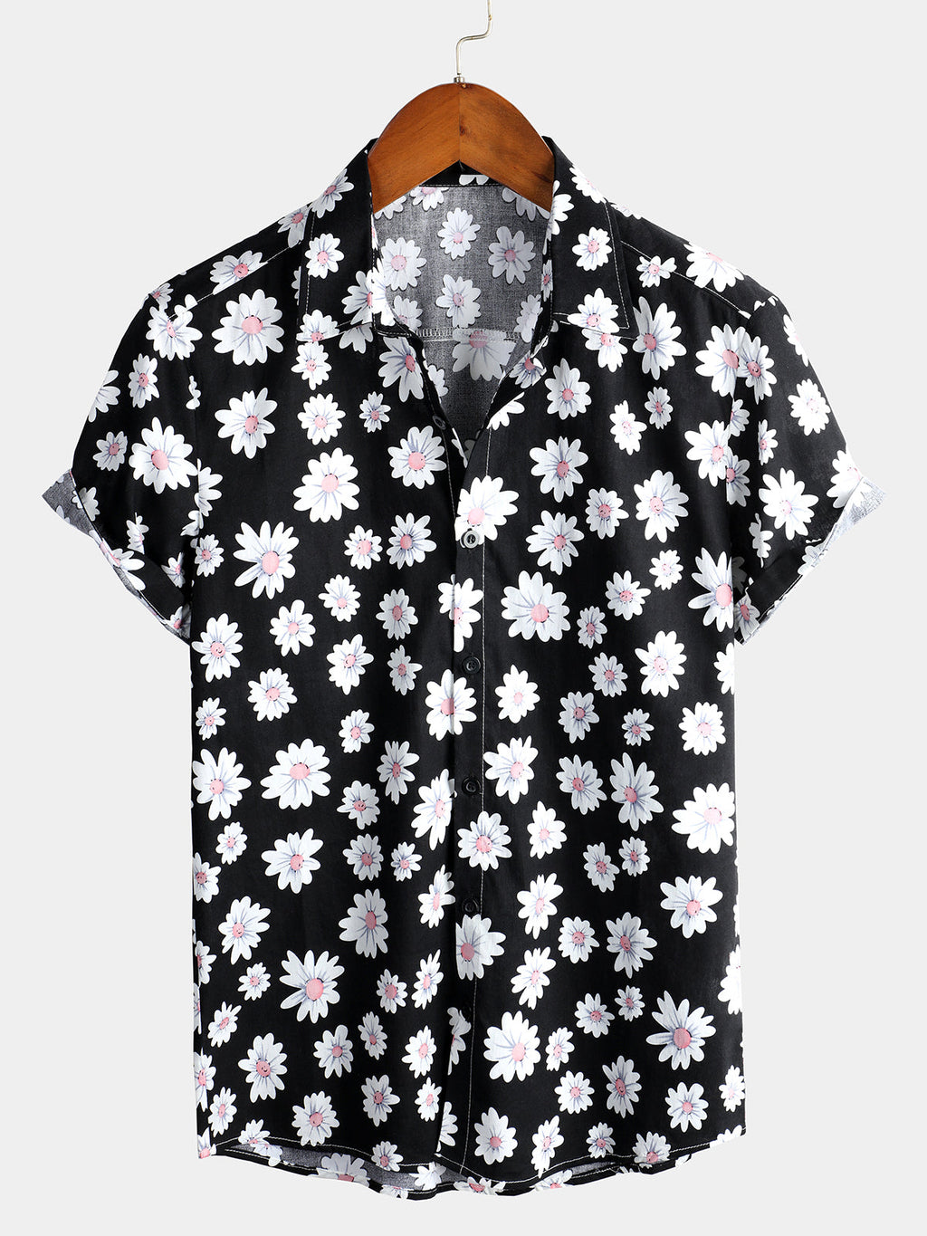 Camicia da vacanza da uomo blu con motivo floreale e bottoni