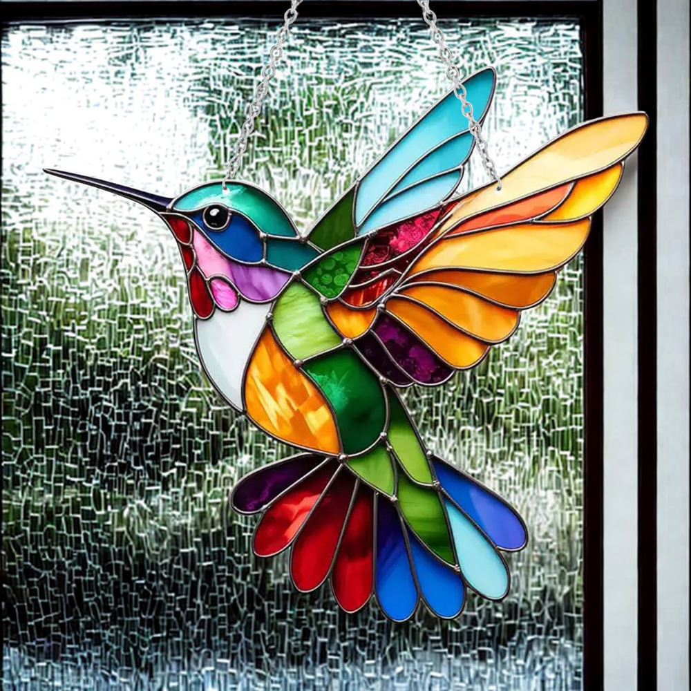 Fensterdekoration mit Buntglaseffekt und Motiv eines blauen Vogels
