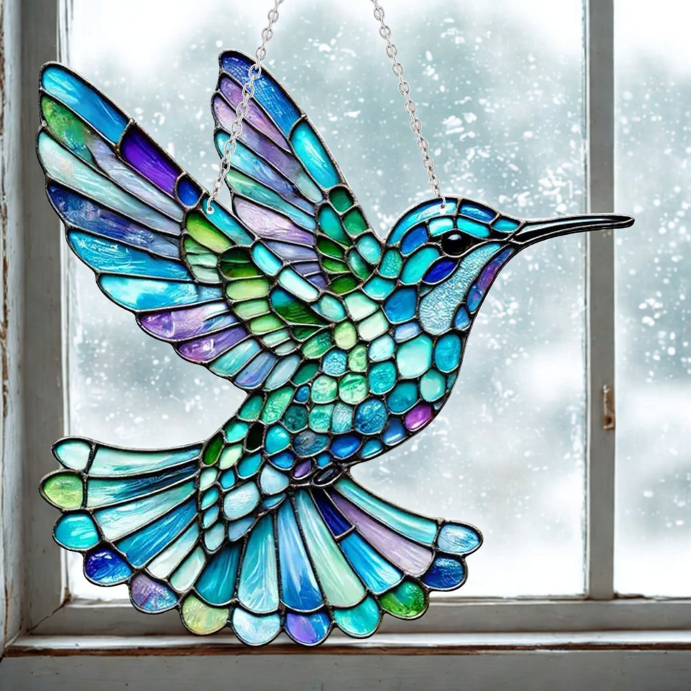 Fensterdekoration mit Buntglaseffekt und Motiv eines blauen Vogels