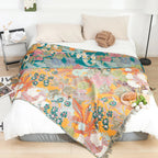 Koc patchwork w kwiaty narzuta boho z frędzlami na sofę