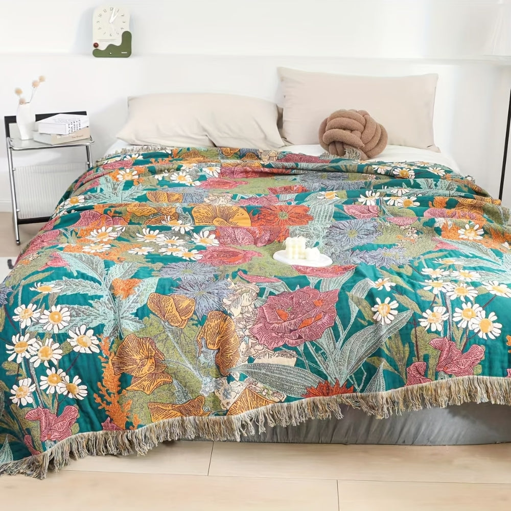 Koc patchwork w kwiaty narzuta boho z frędzlami na sofę