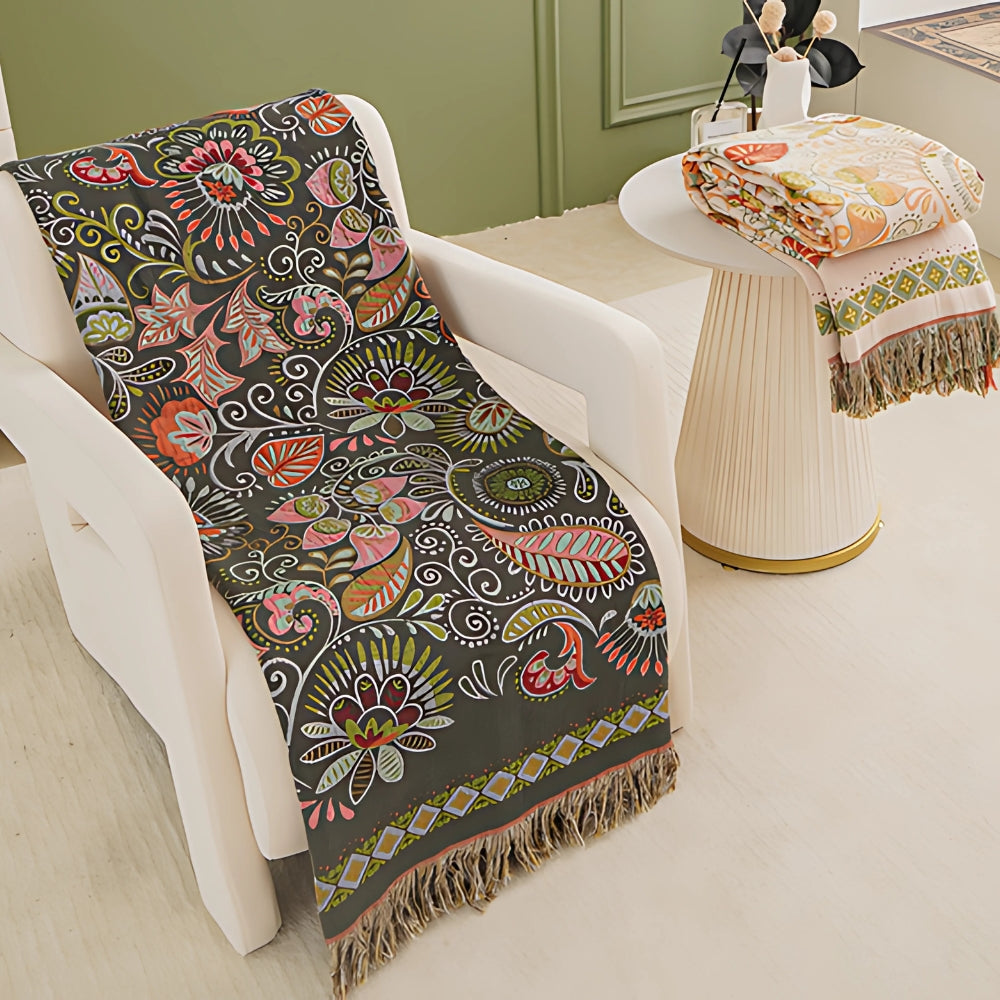 Boho double-sided fringed blanket Cozy cover for sofa and bed