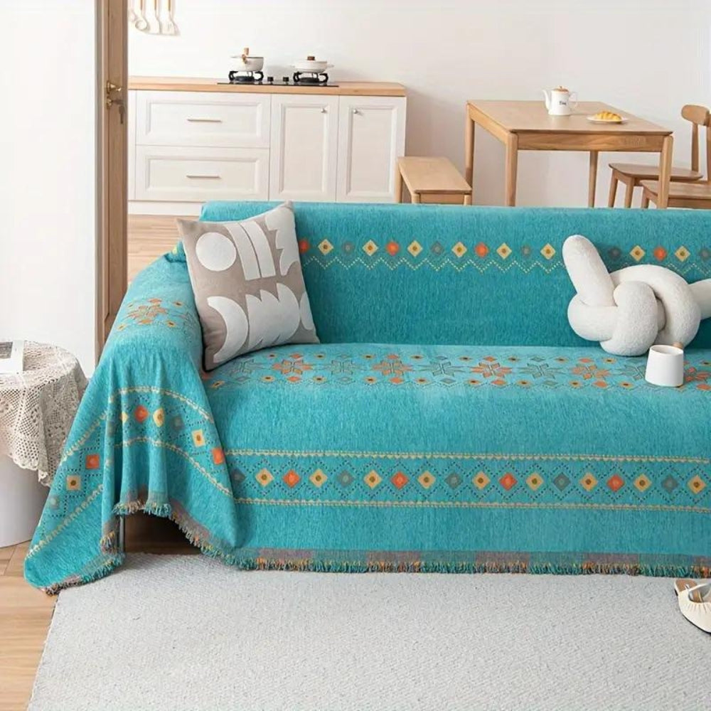 Decorative boho-style throw blanket with fringes