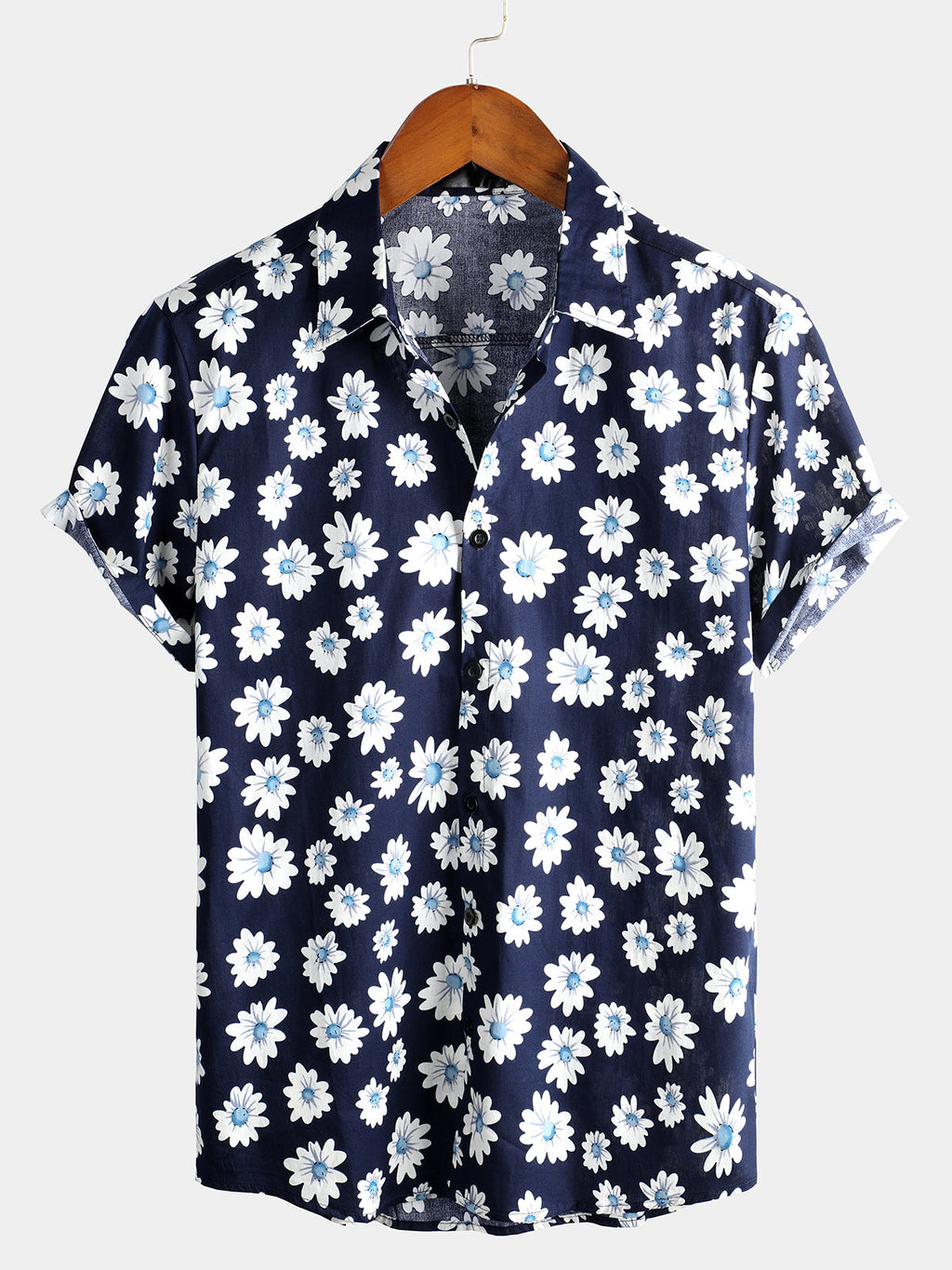 Camicia da vacanza da uomo blu con motivo floreale e bottoni
