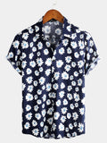 Camicia floreale da uomo con abbottonatura, stampa di margherite bianche e maniche corte