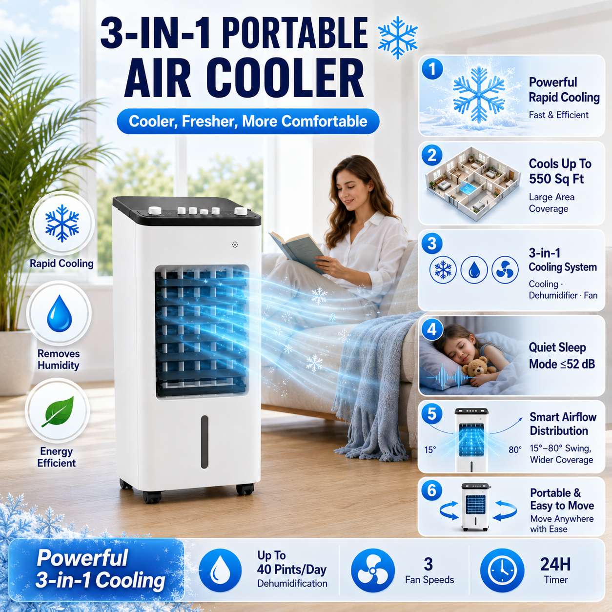 Climatiseur Portable 3 en 1 pour Maison – Climatiseur d'Intérieur avec Ventilateur et Humidificateur