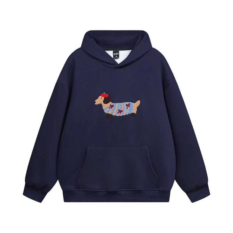 Felpa con cappuccio accogliente in misto cotone con ricamo di bassotto per autunno e inverno