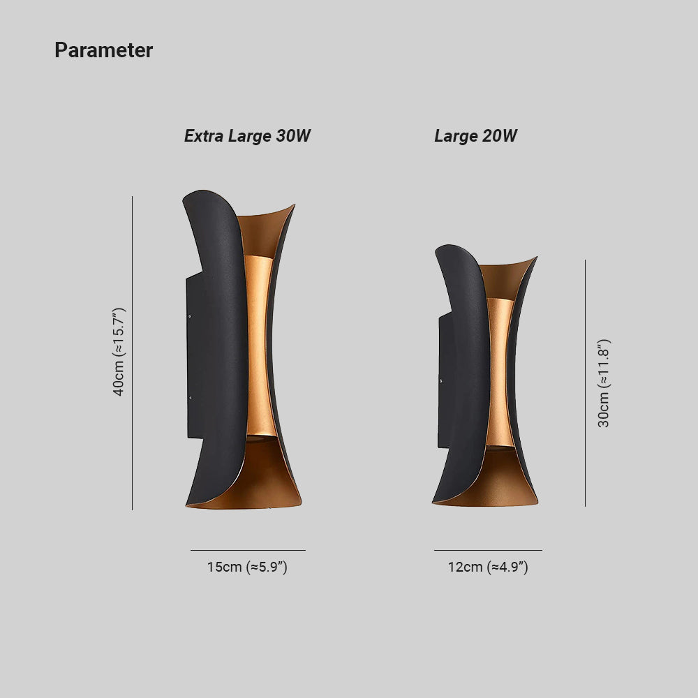 Modern outdoor LED wall light with curved design directing light up and down