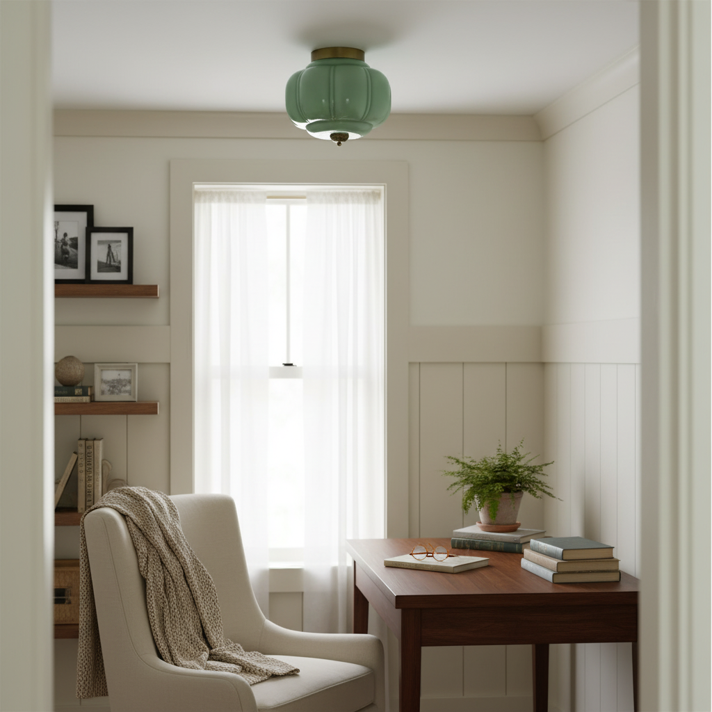 Jade green glass ceiling lamp with gold frame