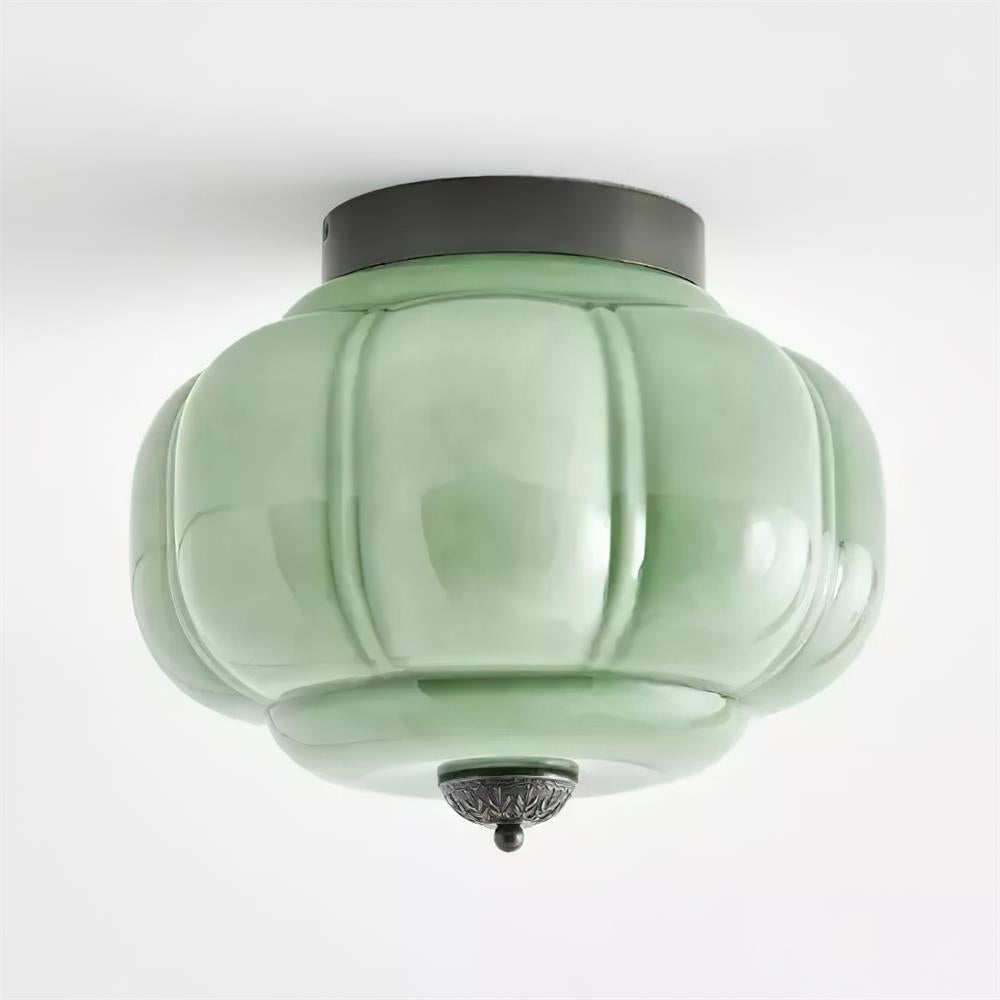 Jade green glass ceiling lamp with gold frame