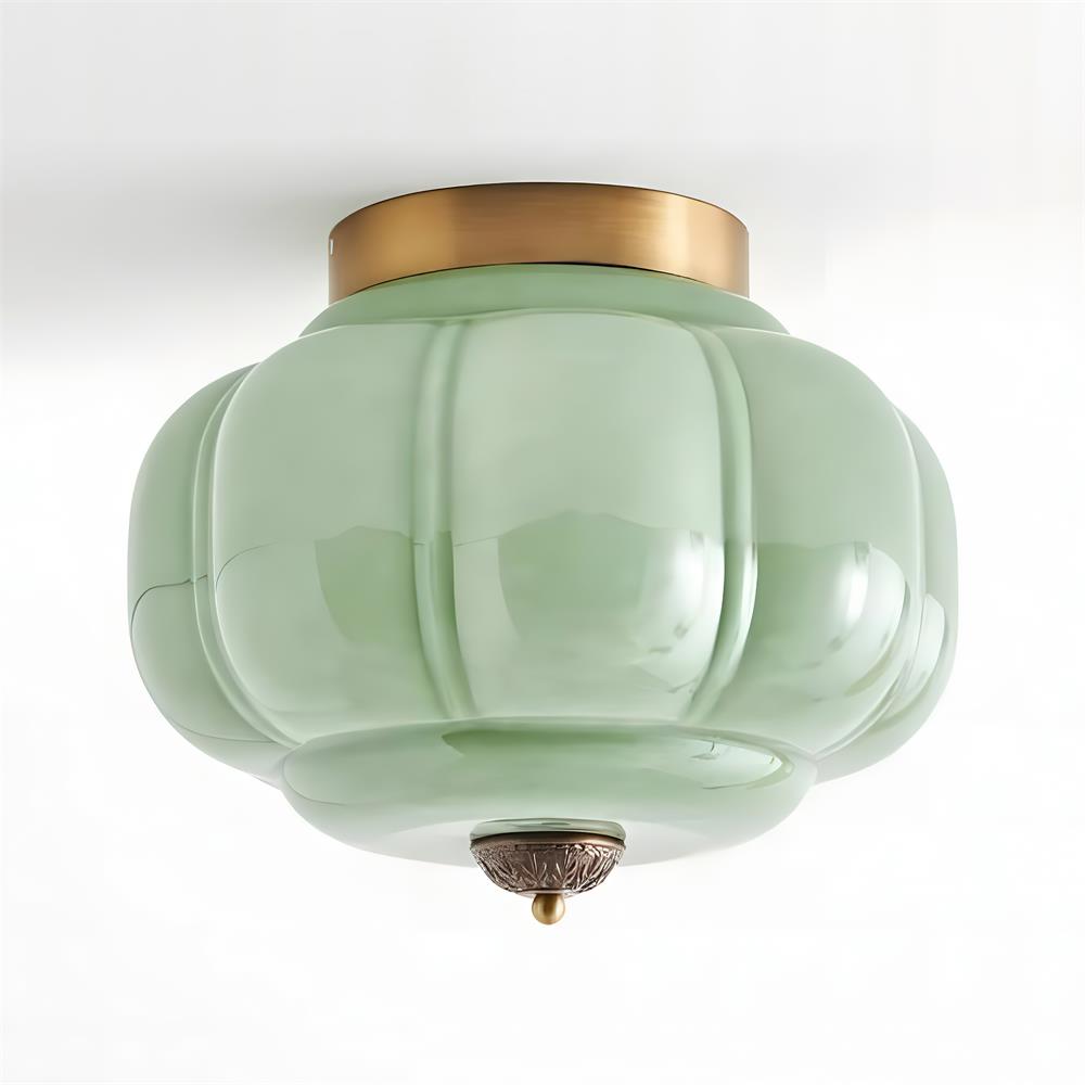 Jade green glass ceiling lamp with gold frame