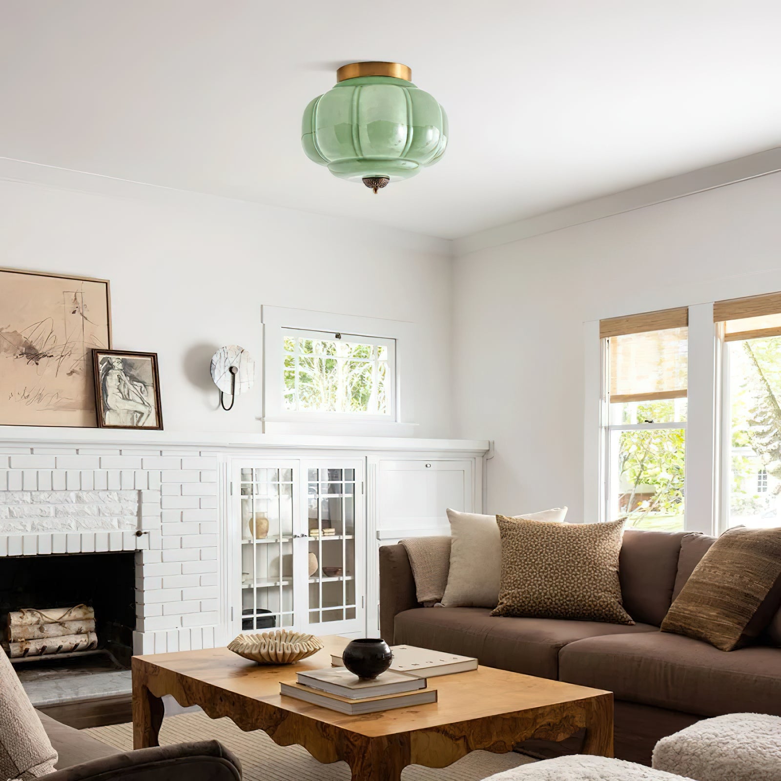 Jade green glass ceiling lamp with gold frame