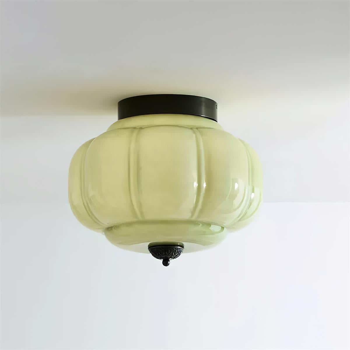 Jade green glass ceiling lamp with gold frame