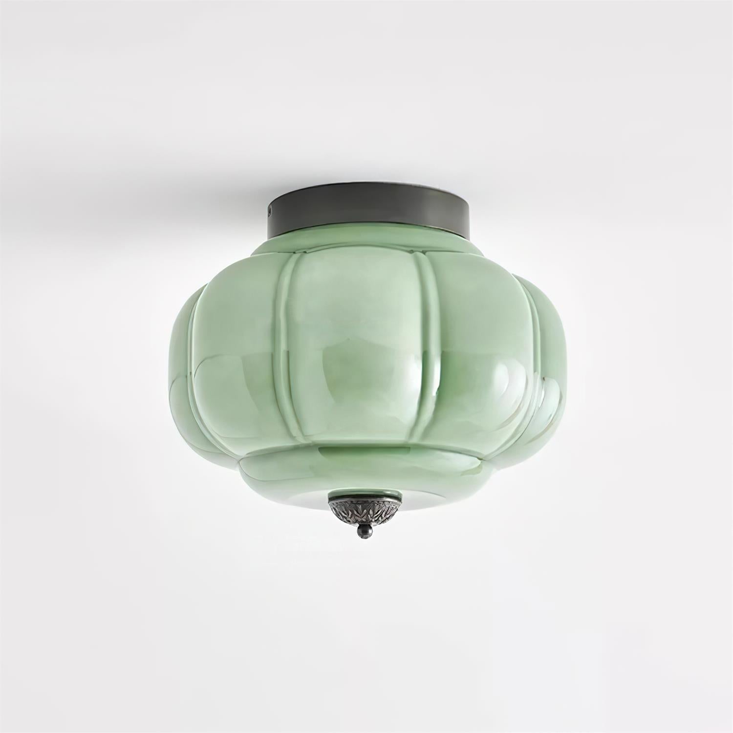 Lampada da soffitto in vetro verde giada con cornice dorata