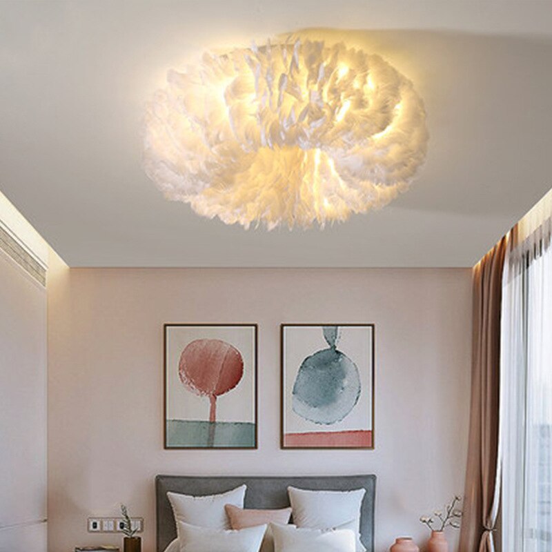 Lampe de plafond LED style bohème avec motif plumes pour chambre et salon