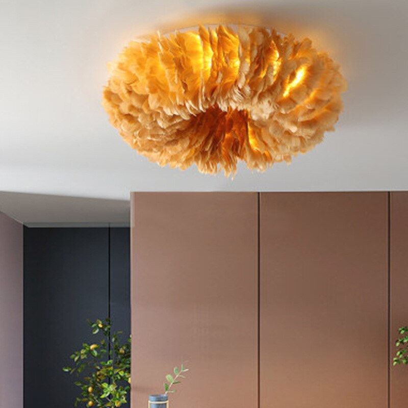 Boho-style LED ceiling lamp with feather motif for bedroom and living room