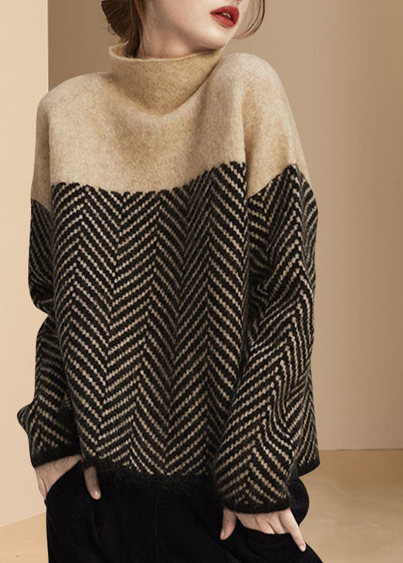 Damenpullover Winter Khaki Patchwork Rollkragen Schnitt
