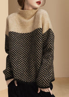 Damenpullover Winter Khaki Patchwork Rollkragen Schnitt