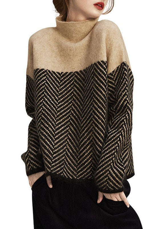 Damenpullover Winter Khaki Patchwork Rollkragen Schnitt