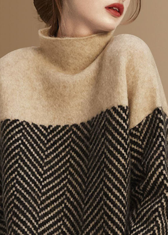 Damenpullover Winter Khaki Patchwork Rollkragen Schnitt