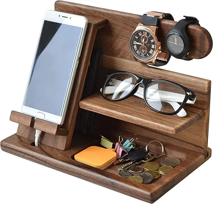 Drewny Organizer Biurkowy Uchwyt na Telefon Zegarek Okulary