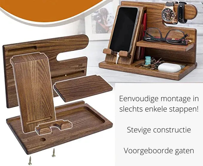 Drewny Organizer Biurkowy Uchwyt na Telefon Zegarek Okulary