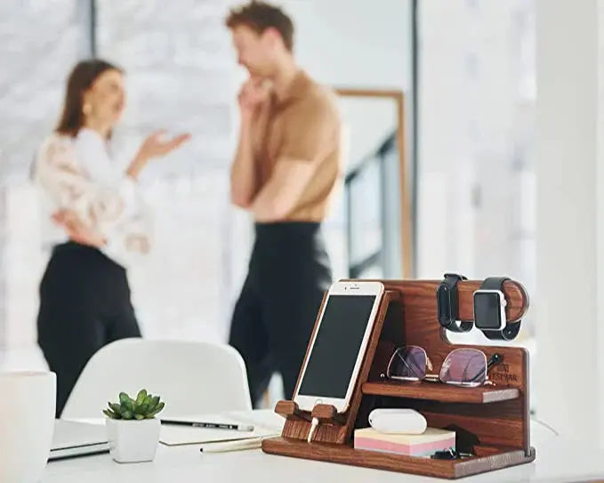 Drewny Organizer Biurkowy Uchwyt na Telefon Zegarek Okulary