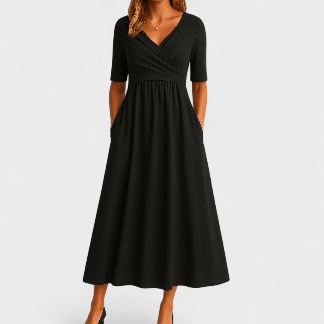 Elegante abito midi da donna stile classico con scollo a V