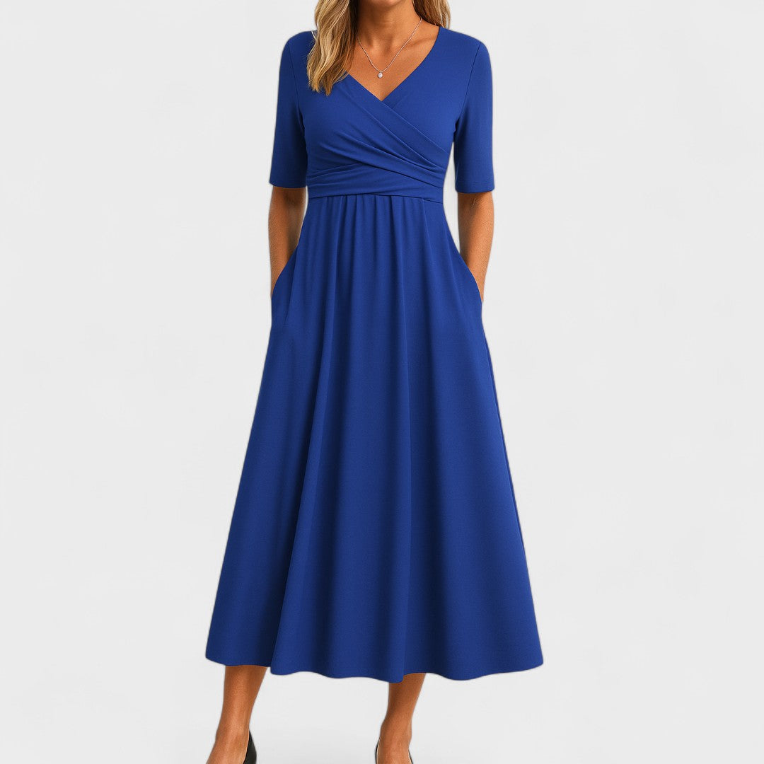 Elegante abito midi da donna stile classico con scollo a V