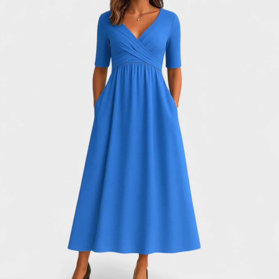 Elegante abito midi da donna stile classico con scollo a V