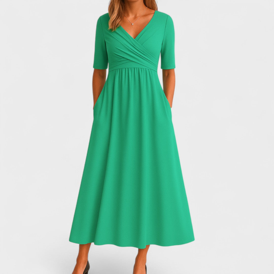 Elegante abito midi da donna stile classico con scollo a V