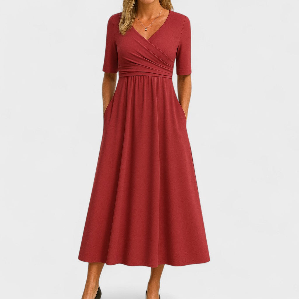 Elegant women's midi dress Classic style with V-neckline