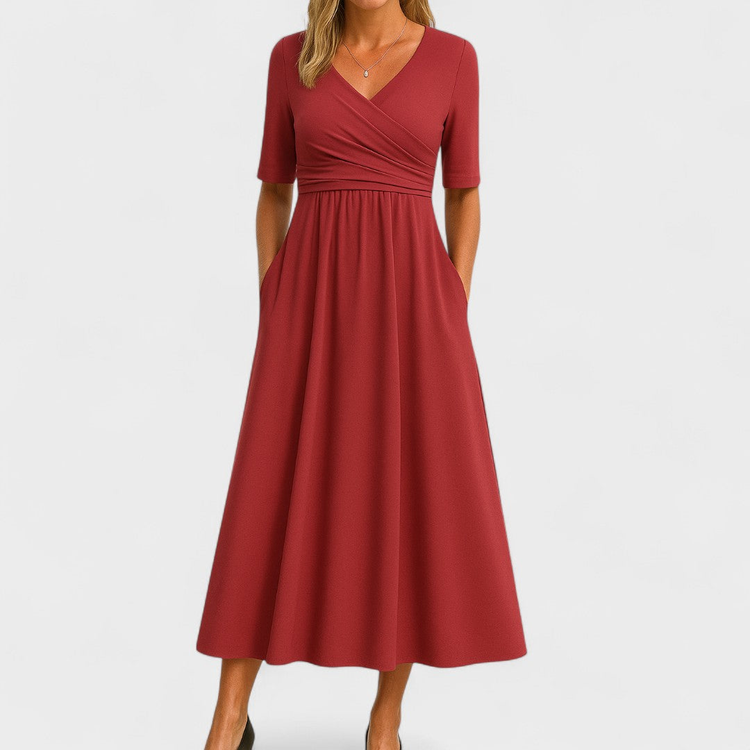 Elegante abito midi da donna stile classico con scollo a V