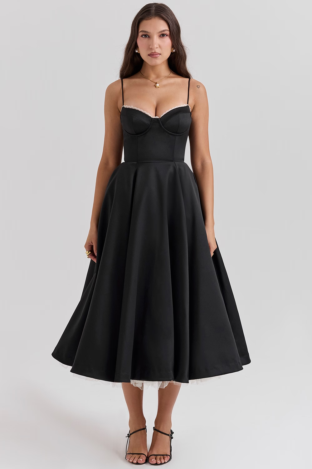 Damen Kleid Midi Herz-Ausschnitt Glockenrock A-Linie  