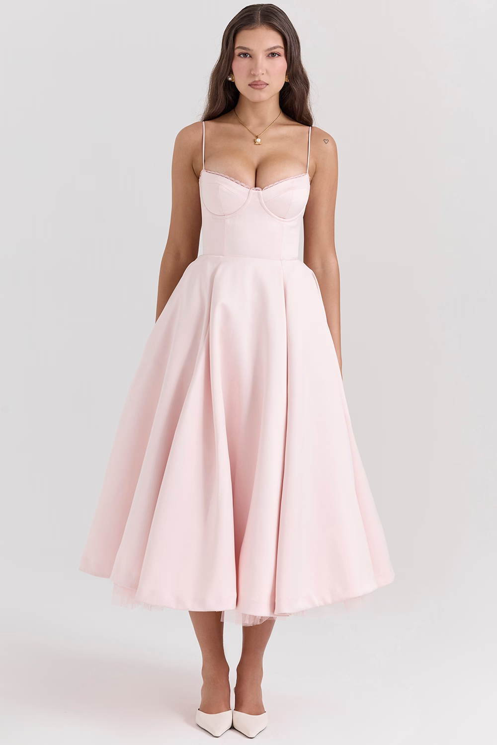 Damen Kleid Midi Herz-Ausschnitt Glockenrock A-Linie  