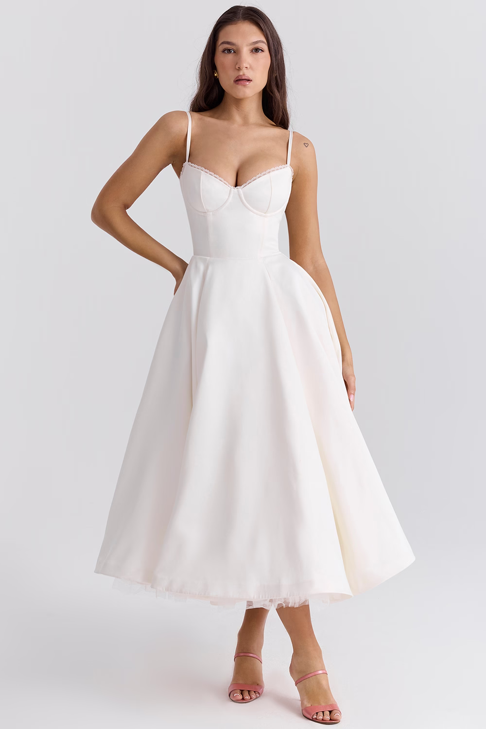 Damen Kleid Midi Herz-Ausschnitt Glockenrock A-Linie  