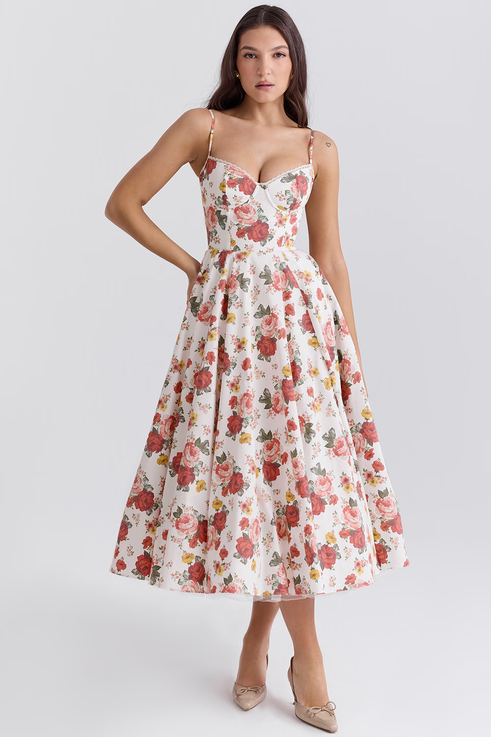 Damen Kleid Midi Herz-Ausschnitt Glockenrock A-Linie  
