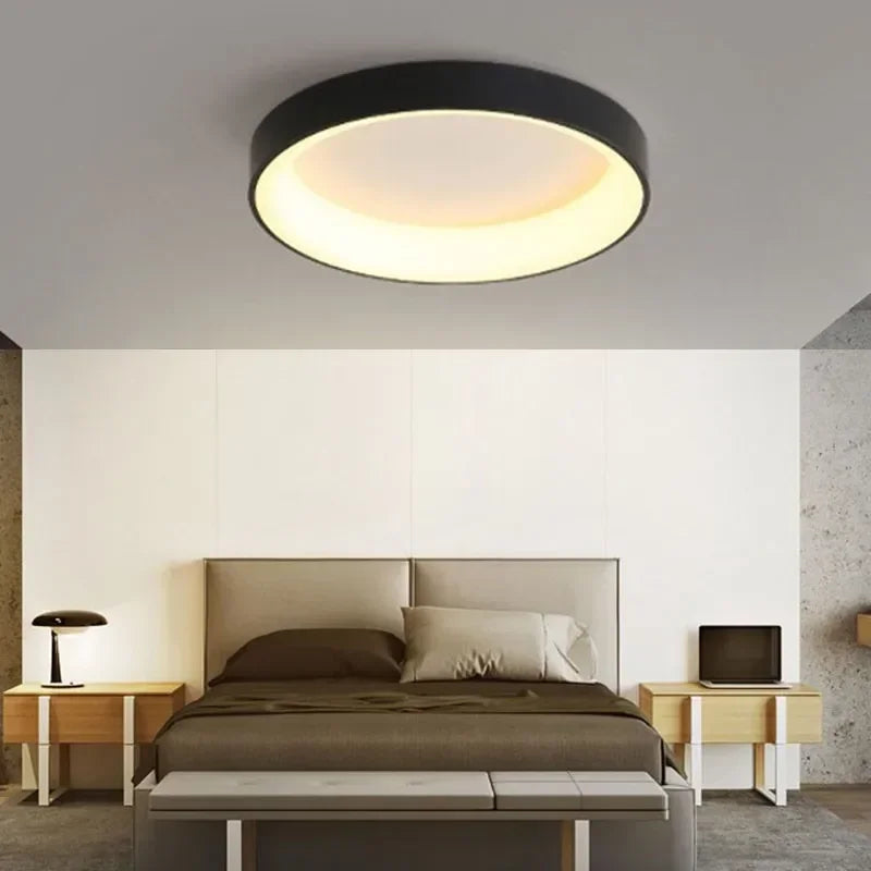 Minimalist atmospheric warm elegance of a round Nordic LED ceiling lamp