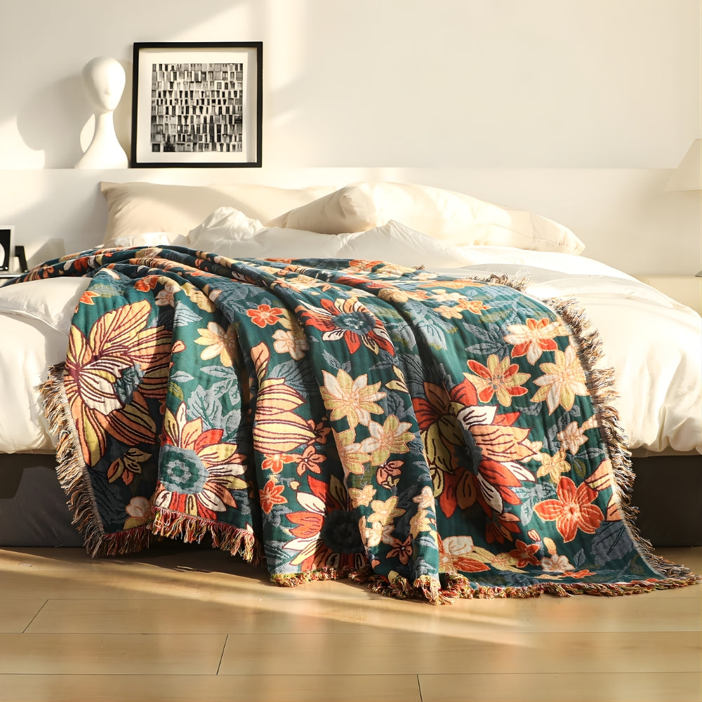 Decorative floral throw with fringes Lightweight sofa cover
