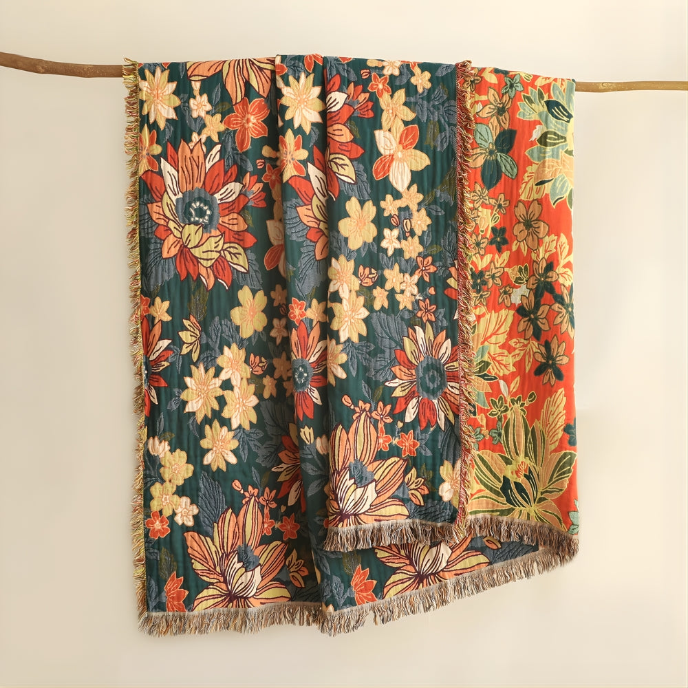 Decorative floral throw with fringes Lightweight sofa cover