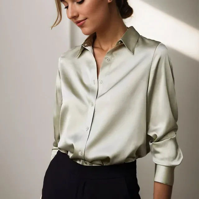 Women's Long Sleeve Button-Up Blouse with Classic Collar