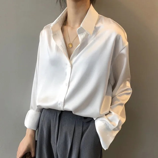 Women's Long Sleeve Button-Up Blouse with Classic Collar