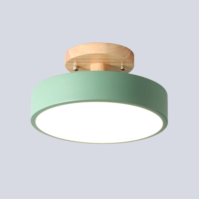 Warm Scandinavian round wooden LED ceiling lamp for modern interiors