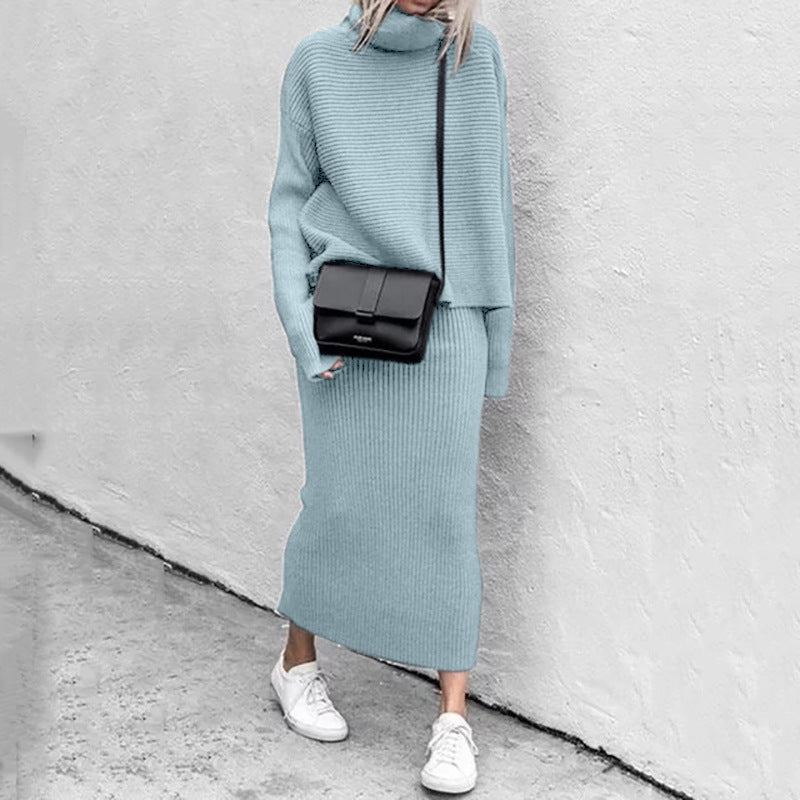 Women's Two-Piece Set Blouse Sweater and Ribbed Skirt